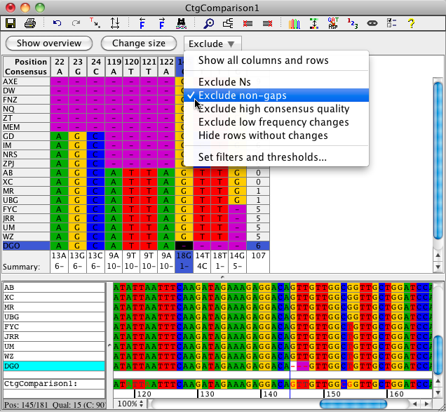 Using the filters for the difference table to show only differences with gaps