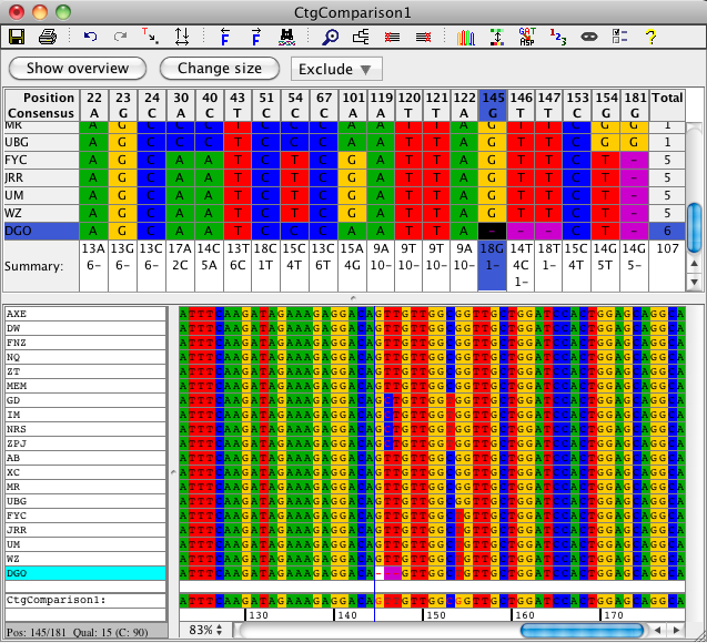 The difference table in the contig view of CodonCode Aligner