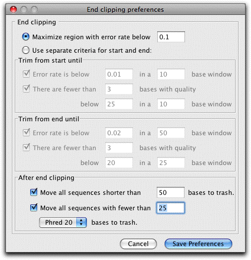 End clipping parameters in CodonCode Aligner used for sequence trimming