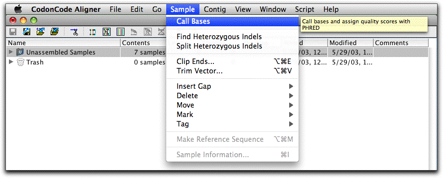 simple base calling with Phred in CodonCode Aligner